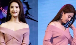 Lưu Diệc Phi lúng túng vì váy trễ nải