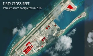 Những công trình Trung Quốc xây dựng trên đá Chữ Thập thời điểm 2017. Ảnh: Telegraph/CSIS/AMTI