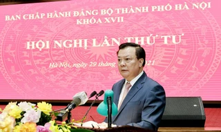 Bí thư Hà Nội Đinh Tiến Dũng phát biểu khai mạc Hội nghị. Ảnh: KTĐT