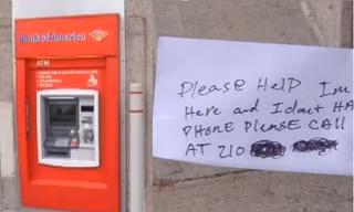Chốt ATM, nơi nhân viên ngân hàng Ngân hàng Bank of America bị mắc kẹt và tờ giấy cầu cứu của anh. Ảnh: Fox8