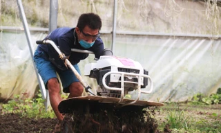 Nông dân Nguyễn Thế Cường điều khiển phay đất để lên luống rau