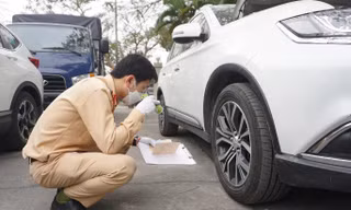 Lực lượng CSGT phối hợp với đăng kiểm viên Trung tâm đăng kiểm xe cơ giới 29-01V làm nhiệm vụ. Ảnh: Thanh Hà