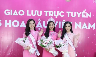Hoa hậu Việt Nam 2018 Trần Tiểu Vy cùng các Á hậu Bùi Phương Nga và Nguyễn Thị Thúy An giao lưu với bạn đọc báo Tiền Phong. Ảnh: Mạnh Thắng