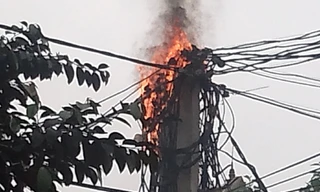 Cột điện bốc cháy ngùn ngụt, cả khu phố nín thở