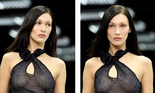 Bella Hadid mặc váy xuyên thấu lộ ngực trần, đọ dáng với chị gái Gigi trên sàn catwalk