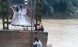 Thót tim cảnh học sinh Phú Thọ leo thang tre qua cầu chờ sập đi học