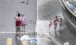 Bố bắt hai con nhỏ đứng tạo dáng giữa siêu bão Mangkhut để chụp ảnh