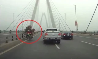 Xe máy chở cây cảnh chạy ngược chiều kiểu 'cảm tử' trên cầu Nhật Tân