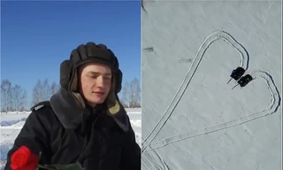 Binh sĩ Nga lái xe tăng vẽ trái tim trên tuyết chúc mừng ngày 8/3