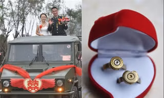 Đám cưới rước dâu bằng xe quân sự, trao nhẫn cưới bằng... đạn