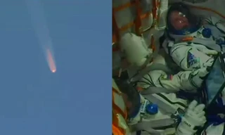 Tàu vũ trụ Soyuz (trái) và 2 phi hành gia Nga - Mỹ (phải). Ảnh chụp màn hình