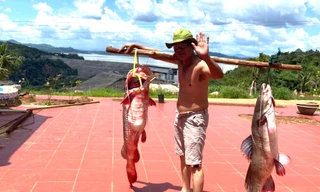 Ông Nguyễn Chất Sâm gánh cá từ sông Sê San về khu sinh thái của mình