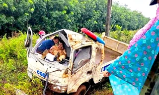 Ô tô chuyên dụng của CSGT Gia Lai lật nhào trên Quốc lộ 14