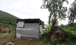 Nhiều người dân xóm Núi đang phải dựng nhà tạm để ở tại khu vực từng sạt lở Ảnh: Lữ Hồ