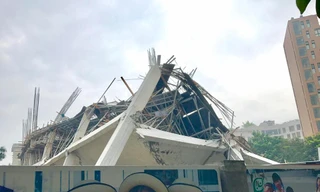 Hiện trường công trình trường mầm non Vường Xanh bị đổ sập (ảnh H.H)