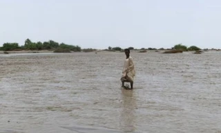 Một người lội giữa bãi bùn ở Port Sudan ngày 26/8. (Ảnh: Reuters)