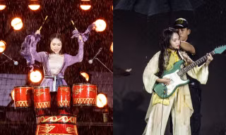 Phương Mỹ Chi đánh trống, chơi guitar giữa trời mưa trong "School Tour"