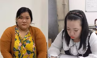 Lê Thị Thu Thảo (trái) và Trần Phạm Ngọc Châu tại cơ quan công an