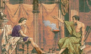 Hình minh họa được tô màu (theo bản khắc từ 'Vies des Savants Illustres' của Louis Figuier, khoảng năm 1867) mô tả Alexander Đại đế (356-323 TCN) ngôi bên trái mặc áo dài màu tím khi được Aristotle (384-322 TCN) dạy.