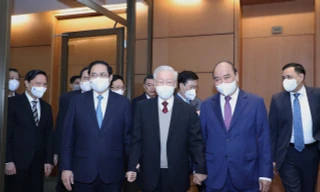 Tổng Bí thư Nguyễn Phú Trọng và lãnh đạo Đảng, Nhà nước tham dự hội nghị. Ảnh Như Ý