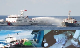 Tàu hải cảnh Trung Quốc dùng vòi rồng phun nước uy hiếp tàu Cảnh sát Biển Việt Nam (ảnh trên); Tàu hải cảnh Trung Quốc đâm vào vách tàu Việt Nam (ảnh trái); Kiểm ngư viên của Việt Nam bị thương do mảnh vỡ trên tàu văng ra (ảnh phải). Ảnh do Cảnh sát Biển 