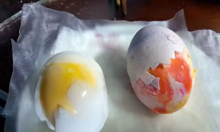 Quả trứng lạ của gia đình anh Giang (bên phải).