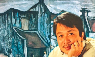 Chân dung Phú Quang chụp năm 1994 trên nền tranh Phái - trong BST Trần Hậu Tuấn