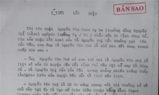 Giấy xác nhận liệt sĩ của ông Huệ 