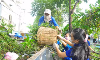 Đoàn viên thanh niên vệ sinh môi trường. ẢNH: HÒA HỘI 