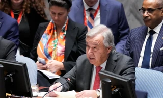 Tổng Thư ký Liên Hợp Quốc Antonio Guterres phát biểu trong phiên họp ngày 24/10. (Ảnh: AP)