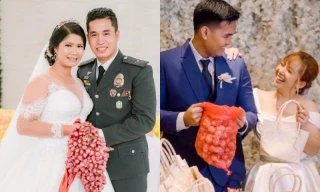 Ảnh trái cho thấy cô dâu cầm túm hành thay hoa cưới, ảnh phải là khoảnh khắc một cặp đôi đang chia hành cho khách mời. (Ảnh: Facebook)