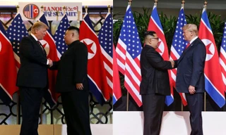 Hai cú bắt tay lịch sử giữa Tổng thống Mỹ Donald Trump và Chủ tịch Triều Tiên Kim Jong-un chỉ khác nhau ở vị trí đứng của hai người.