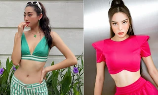 Lương Thuỳ Linh thả dáng nóng bỏng với áo tắm cách điệu, Kỳ Duyên mặc crop-top khoe eo 'con kiến'