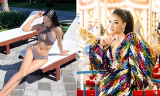 Hoàng Thuỳ khoe dáng nóng bỏng với bikini, Kiều Loan diện váy sequin cắt xẻ sexy 