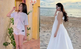 Đỗ Thị Hà mặc mốt giấu quần khoe chân dài 1m1 sexy, Tường San khoe lưng trần quyến rũ trên biển