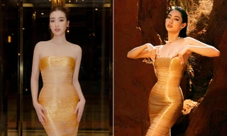 Cùng mặc váy màu vàng gold bó sát, Đỗ Mỹ Linh-Lương Thùy Linh khoe body 'đồng hồ cát' sexy