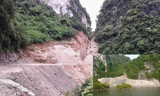 Con đường san gạt, xẻ núi có chỗ khoét sâu hàng chục mét (ảnh lớn) Điểm cuối đường đã thông ra tới bờ biển tại khu vực vụng Vuông, đất đá đổ tràn xuống bờ vịnh Hạ Long (ảnh nhỏ)