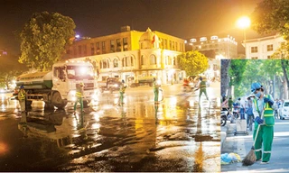Công nhân của Cty Môi trường Đô thị làm sạch đường phố.