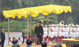 Chủ tịch nước Trần Đại Quang và Nhà vua Nhật Bản Akihito tại lễ đón chính thức tại Phủ Chủ tịch.