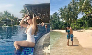 ‘Vàng Anh’ diện bikini khoe dáng nuột, tình tứ hôn chồng trên bãi biển