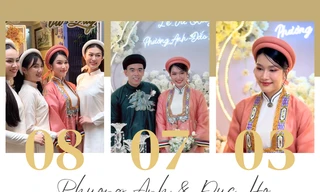 Á hậu Phương Anh và bạn trai doanh nhân mặc Việt phục trong lễ ăn hỏi
