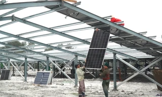 Công trình điện mặt trời khu vực trang trại tại TT-Huế áp lên khung nhà trại không có mái. Ảnh: Ngọc Văn