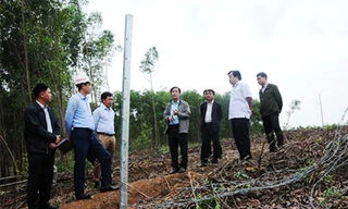 Phó Chủ tịch UBND tỉnh Thừa Thiên Huế Nguyễn Văn Phương (đứng giữa) kiểm tra tình hiện trạng hành lang bảo vệ đường cao tốc La Sơn - Túy Loan, sau khi nhận phản ánh từ báo Tiền Phong. (ảnh thuathienhue.gov.vn)