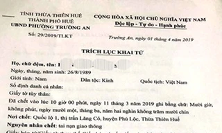 UBND phường Trường An đã cấp giấy khai tử đối với nạn nhân chết vì tai nạn giao thông Hồ Ngọc H.S