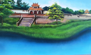 Một phần của bức bích họa về sông Hương dài 300 mét tại Huế. Đây có thể là một kỷ lục hội họa về chủ đề sông Hương.
