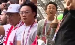 Hành động phản cảm của Trần Dịch Tấn trên khán đài gây bức xúc.