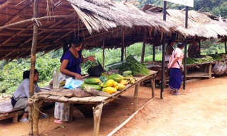 Các nữ sinh mang rau, quả ra chợ ven đường bán để giúp đỡ cha mẹ