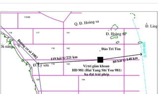  Bản đồ xác định vị trí giàn khoan HD-981của Tổng Công ty dầu khí Hải dương Trung Quốc nằm bất hợp pháp trong vùng đặc quyền kinh tế, thềm lục địa của Việt Nam. Ảnh do Tập đoàn Dầu khí Việt Nam cung cấp