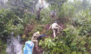 Chính quyền huyện Trà Bồng, tỉnh Quảng Ngãi xuyên núi, băng rừng vào khu vực có 3 thôn bị cô lập. Ảnh: V.N 