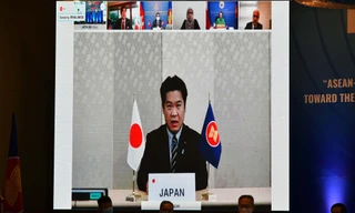 Bộ trưởng Quốc vụ thứ nhất Bộ Ngoại giao Nhật Bản Washio Eiichiro phát biểu tại toà đàm trực tuyến. (Ảnh: Mofa)
